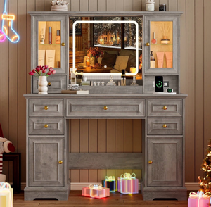 lot 43625 image: Modern Vanity Desk With HD Lighted Mirror and Storage Cabinet, Last Picture Shows Minimal Damage - Retail $440