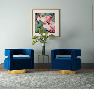 lot 43630 image: Blue Velvet Swivel Accent Chair with Gold Base - Retail $699