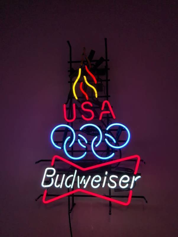 lot 5489200 image: Budweiser USA Olympic Team Neon Sign Torch Flame lights go up and down  All tubes work