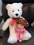lot 918 image: White Teddy Bear with Baby Doll Bundle