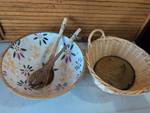 lot 945 image: Floral Design Serving Bowl with Wooden Utensils