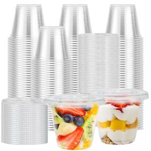 lot 36208 image: 300 Pack 9 oz Clear Plastic Cups with Lids, Disposable Cups with No Hole Flat Lids, Ideal for Ice Cream, Cold Drinks, Fruit, Dessert, Yogurt Parfait - Retail $36