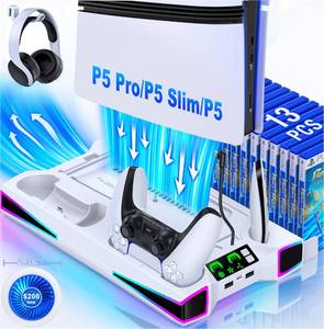 lot 36210 image: PS5 Stand, PS5SlimPro Cooling Station with 2.36in Cooling Fan, Controller Charger Station for PS5 Accessories, RGB Light, Headset Holder, 3 Charger Ports for PlayStation 5 SlimPro Console - Retail $35