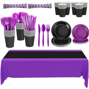 lot 36219 image: Party Decorations Includes Paper Napkins Cups Plates Plastic Table Runner and Tablecloth Knives Forks Spoons Set for Birthday Graduation Wedding Halloween (Purple and Black, Bright) - Retail $18