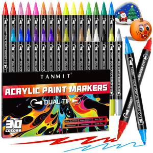 lot 36294 image: 30 Colors Acrylic Paint Markers, Dual Tip Acrylic Paint Pens with Fine Tip and Brush Tip for Rock Painting, Ceramic, Wood, Plastic, Calligraphy, Scrapbooking, Brush Lettering, Card Making, DIY Crafts - Retail $8
