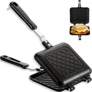 lot 36297 image: Sandwich Maker, Grilled Sandwich and Panini Maker Pan with Non-Stick Plates, Stovetop Toasted Sandwich Maker Aluminum Flip Pan for Home Kitchen, 5.9 L x 14.2 H - Retail $22