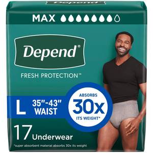 lot 36322 image: Depend Fresh Protection Adult Diapers, Incontinence Underwear for Men, Disposable, Maximum, Large, Grey, 17 Count, Packaging May Vary - Retail $15