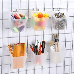 lot 36331 image: 6 Pack Large Gridwall Cups Gridwall Storage Bin with Hooks Hanging Baskets Square Box Shape Hanging Cup Holder Gridwall Accessories for Garage Workbench Office Playroom Home Kitchen (Clear) - Retail $17