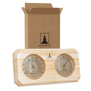 lot 36365 image: Sauna Thermometer and Hygrometer 2 in 1 - Fahrenheit & Celsius - Handmade from Finnish Pine Wood - Luxurious Golden Metal Dials - Retail $30