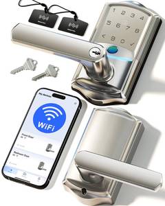 lot 36384 image: WiFi Smart Lever Lock, Fingerprint Keyless Entry Door Lock with Handle, Built-in WiFi, Remote App Control, Electronic Digital Knob for Front Door and Bedroom, IP65 Waterproof, Satin Nickel - Retail $89