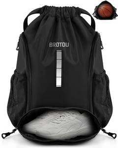 lot 36388 image: Soccer Drawstring Backpack, Basketball Bag, Volleyball Football Bags with Ball and Shoe Compartment(1- Reflective strip, Black) - Retail $15