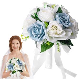 lot 36398 image: Wedding Bouquets for Bride & Bridesmaid - Realistic Silk Flowers Artificial Roses, 8 Inch Bridesmaid Bouquet for Ceremony, Church, Anniversary, and Home Decoration (White & Blue) - Retail $20