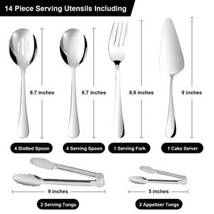 lot 36409 image: 13PCS Serving Utensils - Hostess Serving Utensils Set, Premium Stainless Steel 8.7 inch Serving Utensils, Slotted Spoons, Fork, Tongs, Cake Pie Server for Buffet, Wedding, Dinner (Silver) - Retail $13