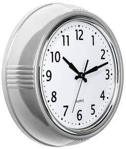 lot 36415 image: Bernhard Products Retro Wall Clock 9.5 Inch Silver Kitchen 50s Vintage Design Round Silent Non Ticking Quality Quartz Battery Operated for HomeOfficeKitchenLiving RoomSchool Classroom - Retail $20