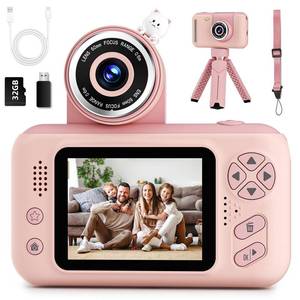 lot 36432 image: Upgrade Kids Selfie Camera, Christmas Birthday Gift for 3-9 Years Old Girls, Portable Toy for 3 4 5 6 7 8 9 Year Children, Toddler 1080HD Digital Video Camcorder Camera with 32G SD Card Pink - Retail $34