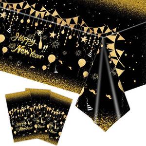 lot 36439 image: 3 Pack New Year Tablecloth,54 x 108 Inch Disposable Plastic NYE Table Cover 2026,Black Gold Disposable Tablecloths, Waterproof Table Cover for Nye Party Supplies (Black  Gold - Retail $9