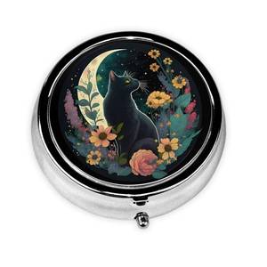 lot 36487 image: Pill Box, Small Pill Organizer with 3 Compartments and Mirror, Cute Round Portable Travel Metal Pill Case for Pocket or Purse, Privacy-Protecting Medicine Box-Dark Night Moon Flower Cat - Retail $13