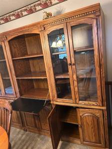 Oak Wood China Cabinet Trio with Glass Doors and Drop-Down Desk each section is 38x20x75. The sections are individual