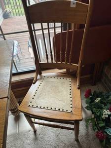 lot 4309 image: Wooden Spindle Back Chairs (2) with Tooled Leather Seat