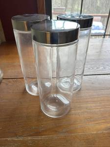 lot 4323 image: Glass Kitchen Storage Canisters with Metal Lids Set