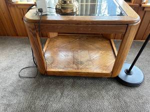 lot 4349 image: Oak Coffee Table with Glass Top and Storage Shelf