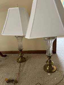 lot 4357 image: Crystal Table Lamps with Brass Base and White Shades - Set of 2