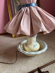 lot 4377 image: Decorative Ceramic Pitcher and Bowl Table Lamp with Striped Fabric Shade
