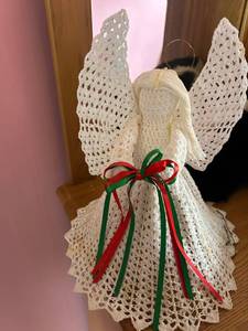 lot 4380 image: Handmade Crocheted Christmas Angel Ornament with Red and Green Ribbon