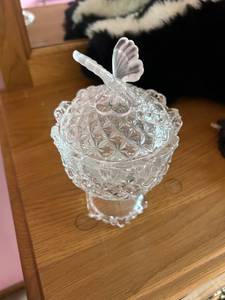 lot 4382 image: Cut Glass Covered Compote with Butterfly Finial