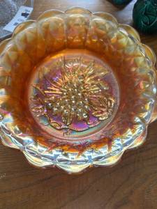 lot 4394 image: Marigold Carnival Glass Bowl with Grape and Vine Pattern