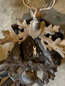 lot 4426 image: German Black Forest Cuckoo Clock with Carved Deer and Oak Leaves