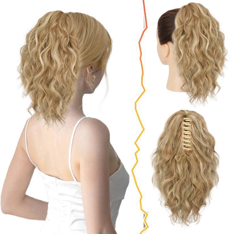 lot 41209 image: BARSDAR Short Blonde Ponytail Extension - 12 Inch Claw Clip Ponytail Hair Extensions for Women - Short Wavy Multi Layered Synthetic Clip in Pony Tail Hairpieces Daily Party - Blonde Mixed - Retail $18