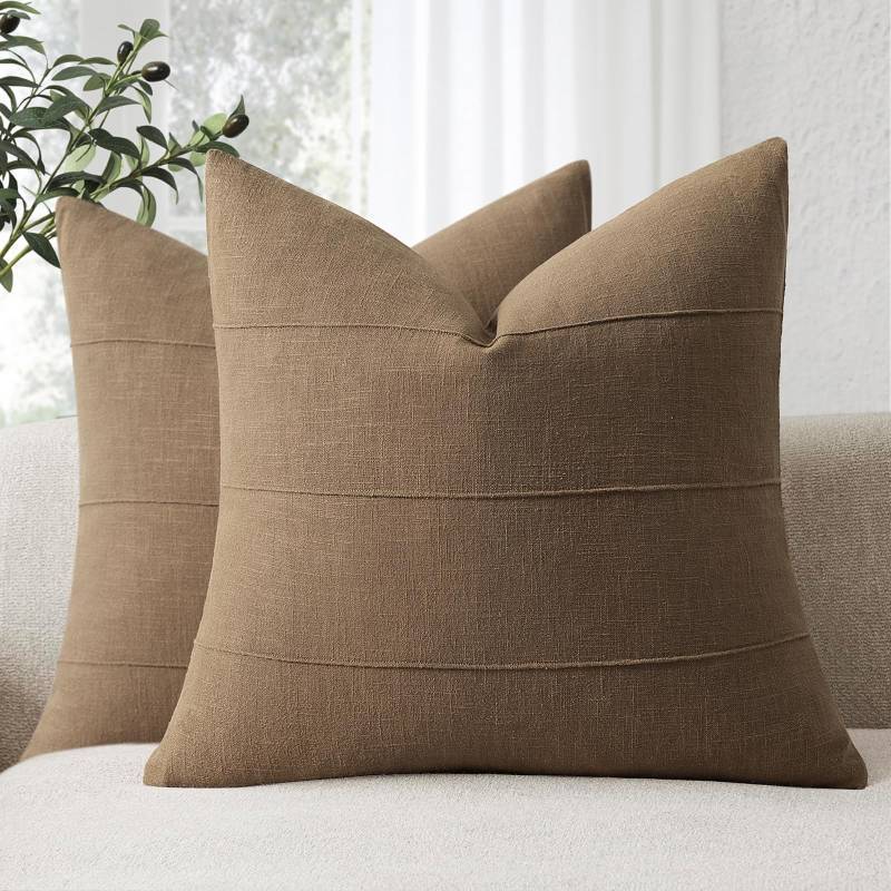 lot 44538 image: ZWJD Decorative Linen Throw Pillow Covers 26x26 Set of 2 Solid Handcrafted Striped Cushion Covers for Bed Soft Modern Farmhouse Neutral Pillowcase for Couch Bedroom Living Room Home Decor(Coco Brown) - Retail $33