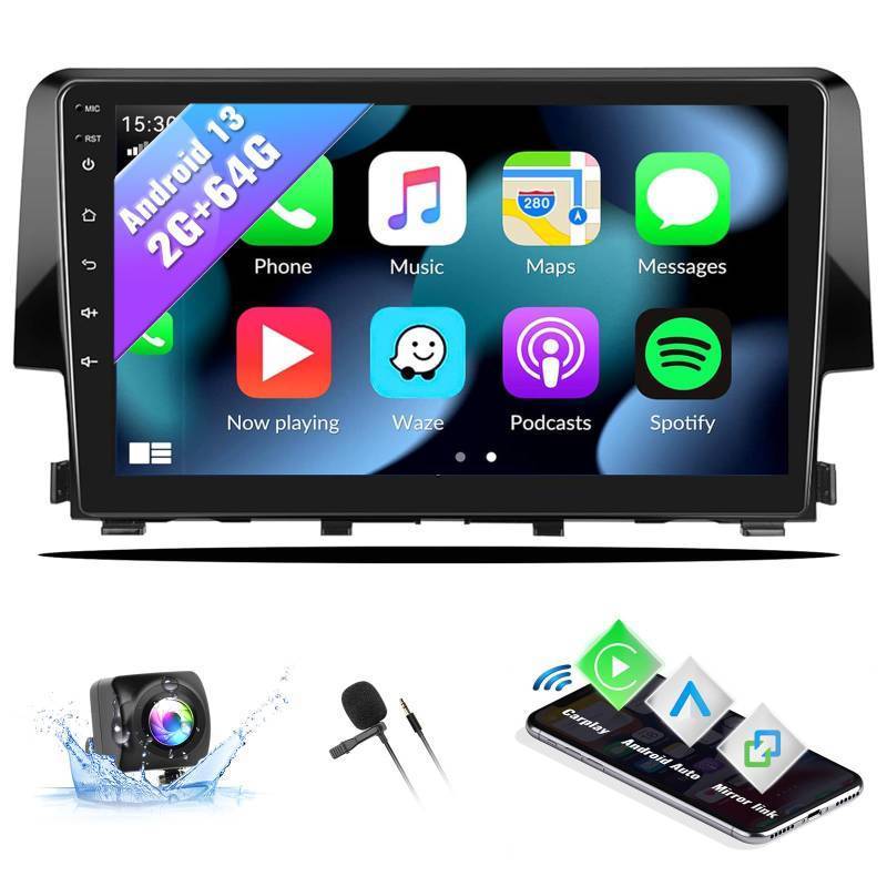 lot 44588 image: Android 13 Car Stereo Radio for Honda Civic 2016 2017 2018 2019 2020 with Wireless CarPlay Android Auto Mirror Link 2G64G with Bluetooth FM GPS Navigation WiFi HiFi SWC - Retail $110