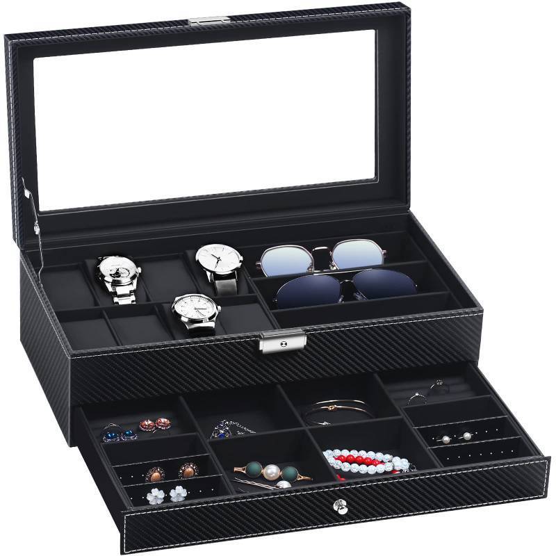 lot 58584 image: TomCare Watch Box Watch Case Watch Holder Organizer Jewelry Case Drawer Sunglasses Display Box Storage Earrings Storage Organizer Lockable with Glass Top and PU Leather for Men Women (All Black) - Retail $42
