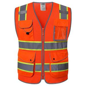 lot 44974 image: JKSafety 9 Pockets Hi-Vis Reflective Safety Vest  Mesh Fabric  Fluorescent Orange Color with Neon Yellow Extended Trims  ANSIISEA Compliance (100-Orange, XL) - Retail $24