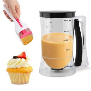 lot 50844 image: Pancake Batter Dispenser 4-Cup Batter Dispenser with Cupcake Scoop Batters Dispenser,Pancake Waffl Mix Dispenser with Squeeze Handle & Measuring Marks,for Cupcake,Muffins, Crepes - Retail $14