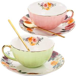 lot 50854 image: Lyellfe Set of 2 Tea Cup and Saucers, 8 Oz Floral Tea Cups with Gold Trim and Spoon, Porcelain British Coffee Cups for Party Christmas Birthday Wedding Gifts - Retail $23