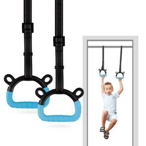 lot 50860 image: EXQ Home Kids Gymnastic Rings Pull up Rings for Chlidren Exercise,Indoor Gym Ring,Kids Gymnastics Rings with Adjustable Straps,Load Bearing 220lb,Blue Hands Tape (NO Bar) - Retail $15