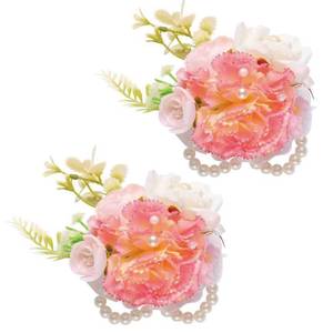 lot 50861 image: Syueblm Wrist Corsage and Boutonniere Set, Artificial Rose Corsage Wristlet and Boutonniere for Wedding Prom Party (Carnation,2pcs Wrist Corsage) - Retail $15