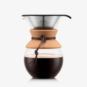 lot 50866 image: Bodum 34oz Pour Over Coffee Maker, High-Heat Borosilicate Glass with Reusable Stainless Steel Filter and Cork Grip - Made in Portugal - Retail $20