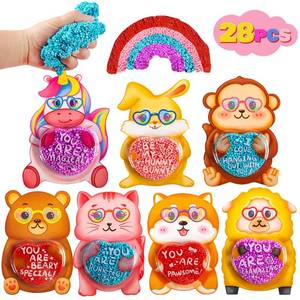 lot 50880 image: Kiddokids 28 Pack Prefilled Foam Squishy Valentine Cards for Kids Classroom Exchange, Modeling Foam Beads Play Toys for Non-Candy School Valentines Gifts, Valentines Day Parties Favor - Retail $27