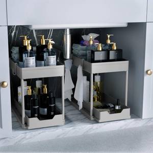 lot 50901 image: DEKAVA Under Sink Organizer 2 Pack Bathroom Cabinet Organizer 2 Tier Sliding Cabinet Basket Organizer Drawer, Multi-Purpose Bath Collection Baskets for Bathroom (Grey) - Retail $24