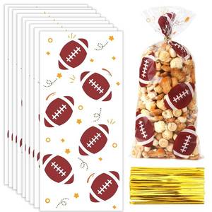lot 58864 image: Football Treat Bags, 100 PCS Football Cellophane Treat Bags, Plastic Candy Bags Cookie Bags Goodie Bags Gift Bags with 100 PCS Twist Ties for Football Superbowl Sports Party Favor Supplies, 5x10 Inch - Retail $6