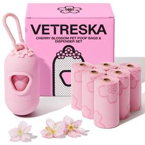 lot 58870 image: VETRESKA Dog Poop Bag Dispenser with Cherry Blossom Scented Poop Bags, Leak Proof and Extra Thick Pet Waste Bags, 1 Poop Bag Holder and 105 Bags for Dog Walking and Cats Litter, Pink - Retail $10