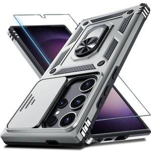lot 58905 image: Janmitta Compatible with Samsung Galaxy S25 Ultra Case Built in Slide Camera Lens CoverScreen ProtectorFinger Ring Holder Kickstand,Heavy Duty Shockproof Full Body Phone Cover,2025 Silver - Retail $14