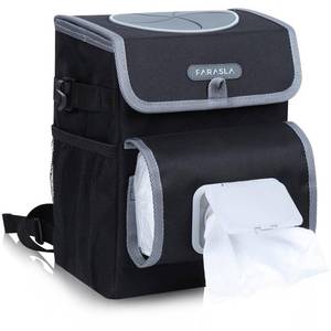 lot 58936 image: Farasla All-in-One Car Trash Can, Garbage Bag for Car with Removable Leakproof Interior Liner, Adjustable Tissue Holder & Straps(Black) - Retail $20