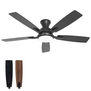 lot 62535 image: revoici Ceiling Fans with Lights, 52 Inch Black and Brown Wood Ceiling Fan, 6 Speed and Reversible DC Motor, Modern 5 Blade Low Profile Flush Mount Ceiling Fan for Living Room, Outdoor Patio
