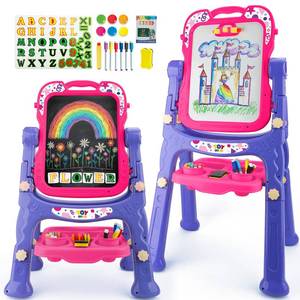 lot 62537 image: STEAM Life Art Easel for Kids, Double-Sided 4In1 Toddler Easel with Rotable Magnetic Chalkboard & White Drawing Board, Height Adjustable with Magnetic Letters & Numbers Gifts for Boys and Girls - Retail $47
