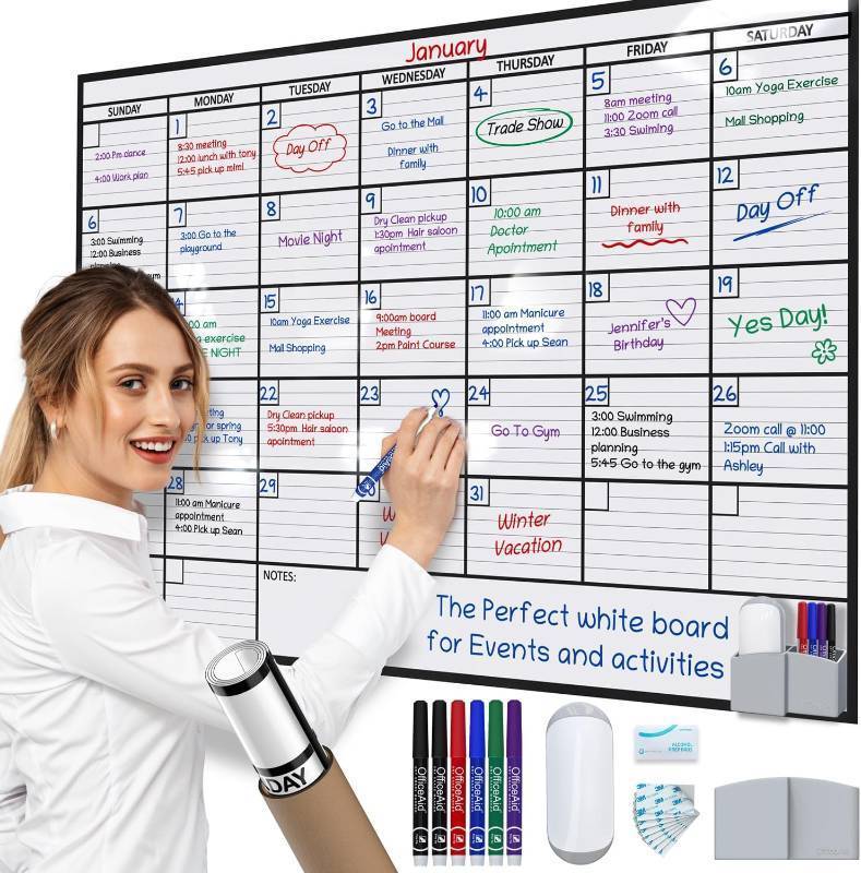 lot 171208 image: Large Dry Erase Calendar for Wall, 36x48, Large Wall Calendar Dry Erase, Big White Board for Office, Home & School, Giant Erasable Whiteboard, Jumbo Monthly Undated Reusable White Board Planner